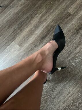 Black Pointed Toe Pearl-Accent Mule Heels